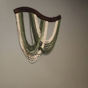 Wooden Wall Hanging with Green and Cream Threads